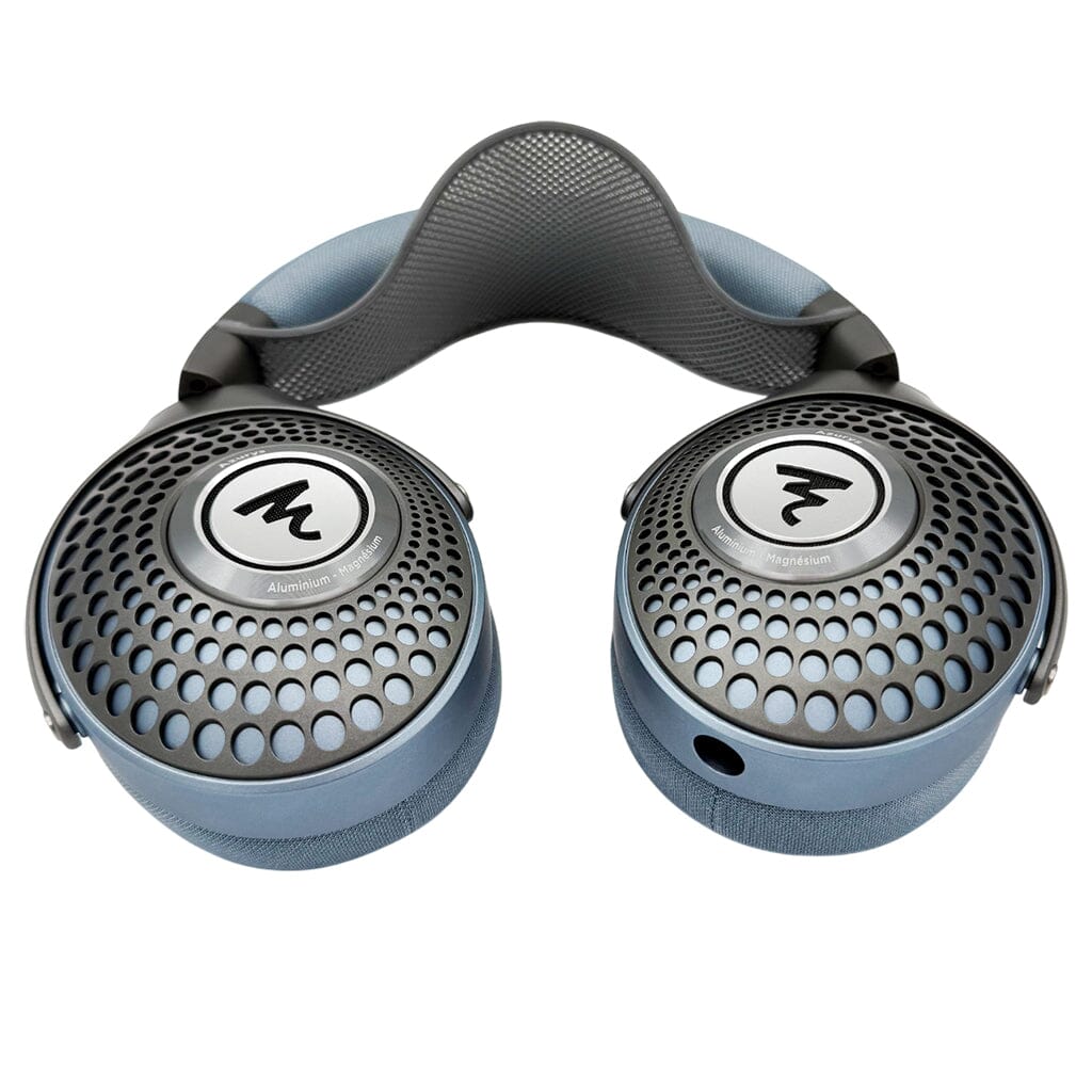 The Capra Audio Capra Comfort Strap for Focal Headphones (Small) is shown on a pair of blue and black over-ear headphones with perforated ear cups and a padded headband, displayed against a white background.