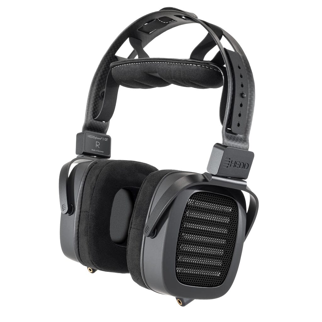 Black over-ear HEDD Audio HEDDphone TWO GT UNPLUGGED Edition headphones with rectangular ear cups, padded headband, AMT driver, open grill design, visible metal and leather accents, and “HEDD” branding on headband and sides.