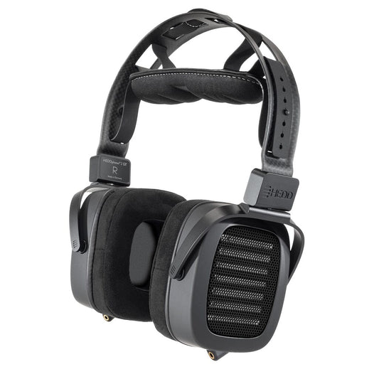 Black over-ear HEDD Audio HEDDphone TWO GT UNPLUGGED Edition headphones with rectangular ear cups, padded headband, AMT driver, open grill design, visible metal and leather accents, and “HEDD” branding on headband and sides.