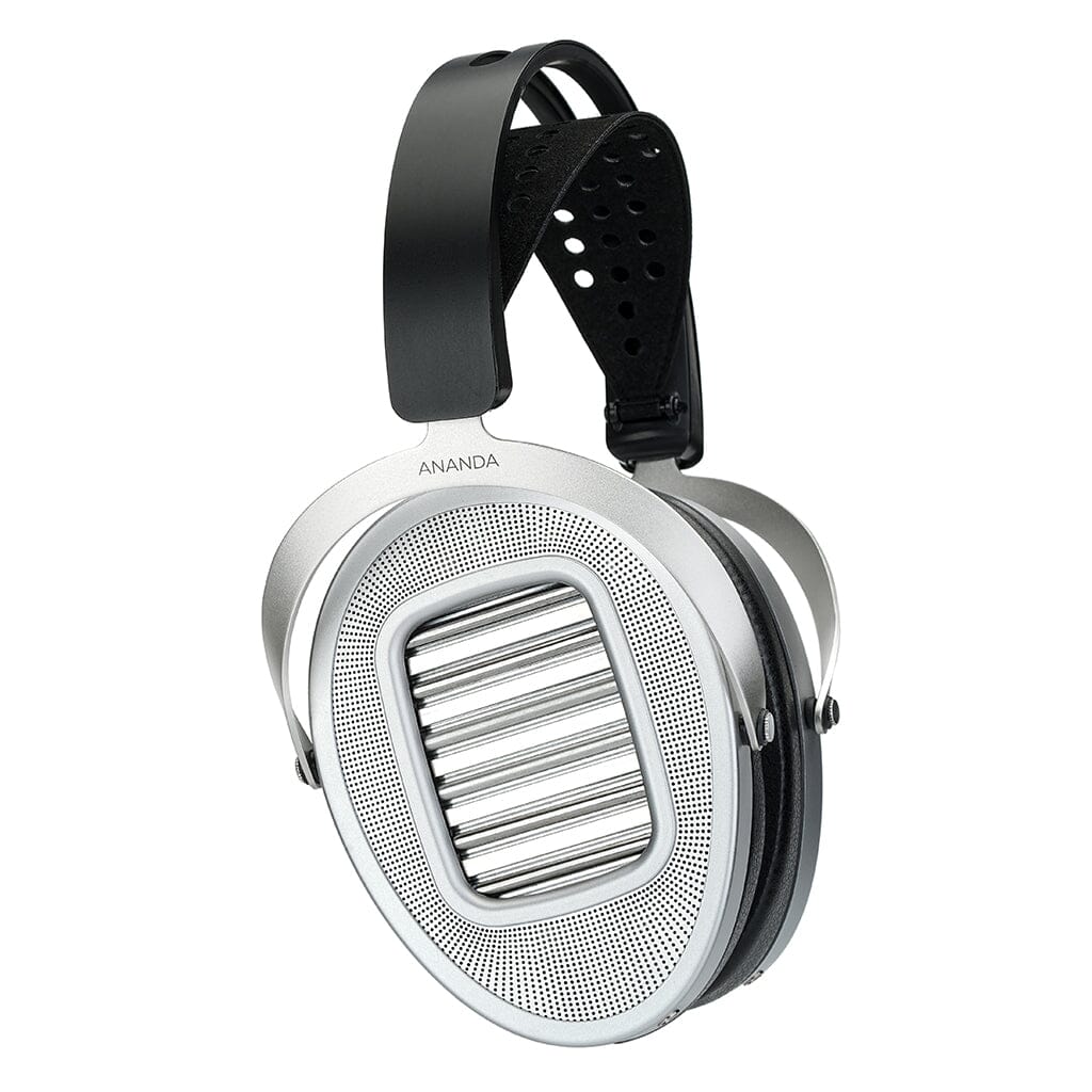 The Hifiman Ananda Unveiled are sleek, silver over-ear headphones featuring an oval design, horizontal metal grille on the earcups, and a black padded headband—premium open-back sound for true audiophiles.