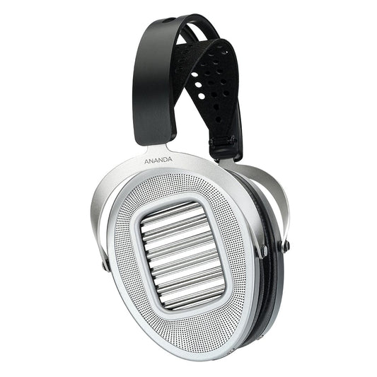 The Hifiman Ananda Unveiled are sleek, silver over-ear headphones featuring an oval design, horizontal metal grille on the earcups, and a black padded headband—premium open-back sound for true audiophiles.