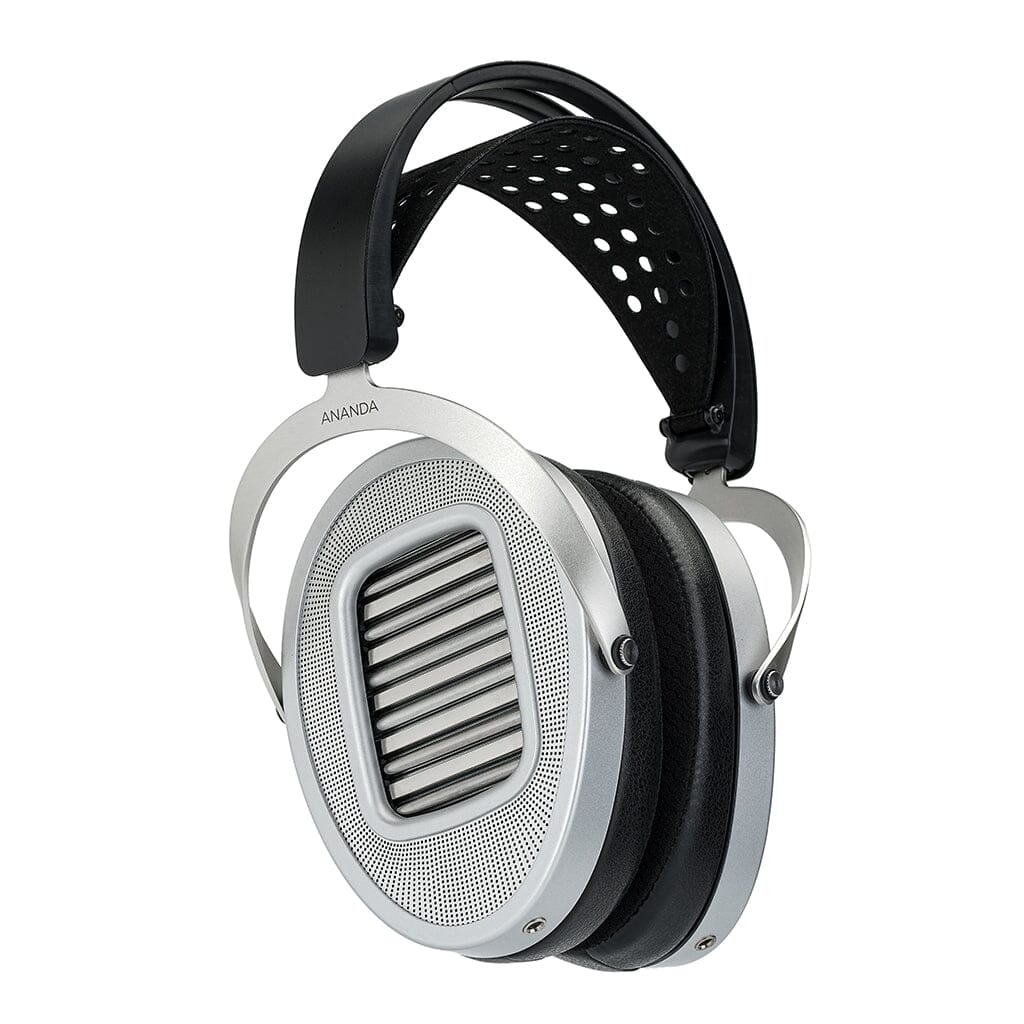Experience crystal-clear audio with the Hifiman Ananda Unveiled Headphones—a pair of over-ear, open-back headphones featuring a silver metal frame, large rectangular ear cups with vertical grilles, and a black padded headband.