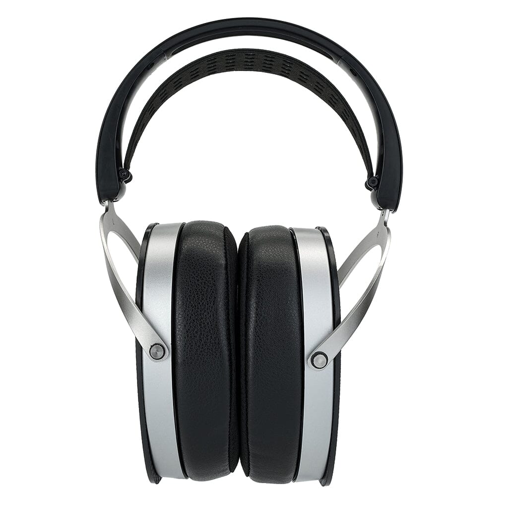 The Hifiman Ananda Unveiled Headphones by Hifiman are over-ear, open-back headphones with black cushioned ear pads, silver outer ear cups, a black adjustable headband, and a supernano diaphragm, shown from the front.