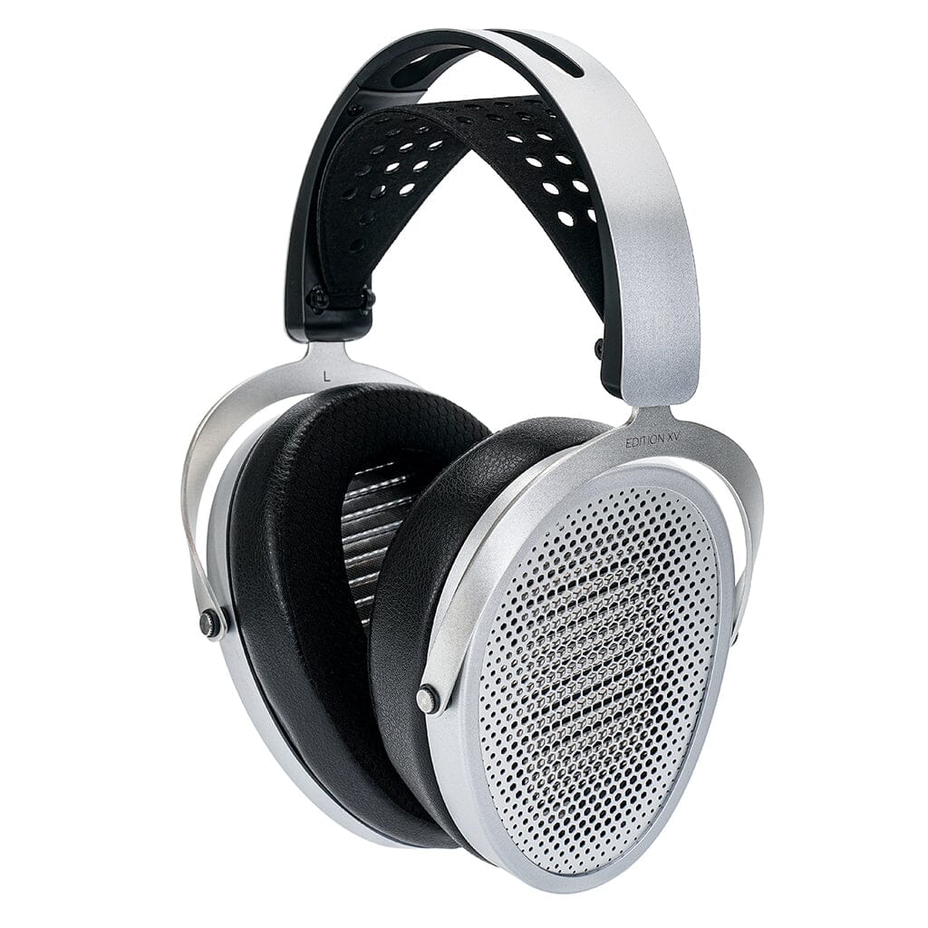 Hifiman Edition XV Headphones by Hifiman, featuring large perforated silver ear cups, black padded headband, adjustable metal frame, and NEO Supernano Diaphragm, displayed at a slight angle on a white background.