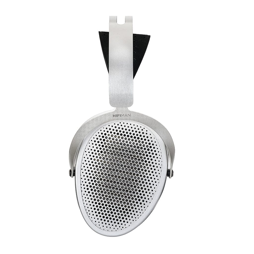 Close-up of a single Hifiman Edition XV Headphone, highlighting the oval ear cup with perforated metal grille and metallic headband, featuring Hifiman’s advanced NEO Supernano Diaphragm for superior sound.