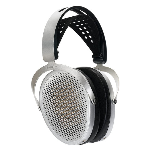 The Hifiman Edition XV Headphones by Hifiman feature large silver ear cups with perforated metal grilles, a black padded headband with circular cutouts, and an advanced NEO Supernano Diaphragm for stunning audio clarity.