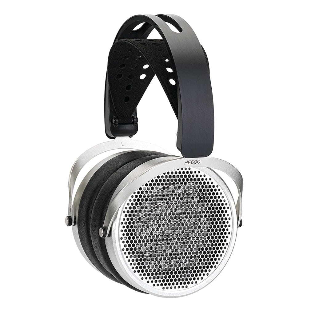 A pair of over-ear, silver and black Hifiman HE600 headphones with planar magnetic drivers, a perforated metal grille on the ear cups, and a padded headband featuring the Hifiman HE600 model name.