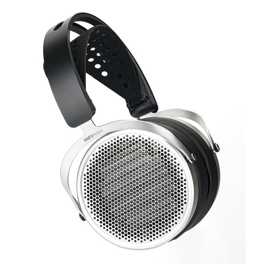 The Hifiman HE600 Headphones by Hifiman feature large, round silver ear cups with mesh grilles, plush black pads, and an adjustable perforated headband—ideal for use with headphone amplifiers.