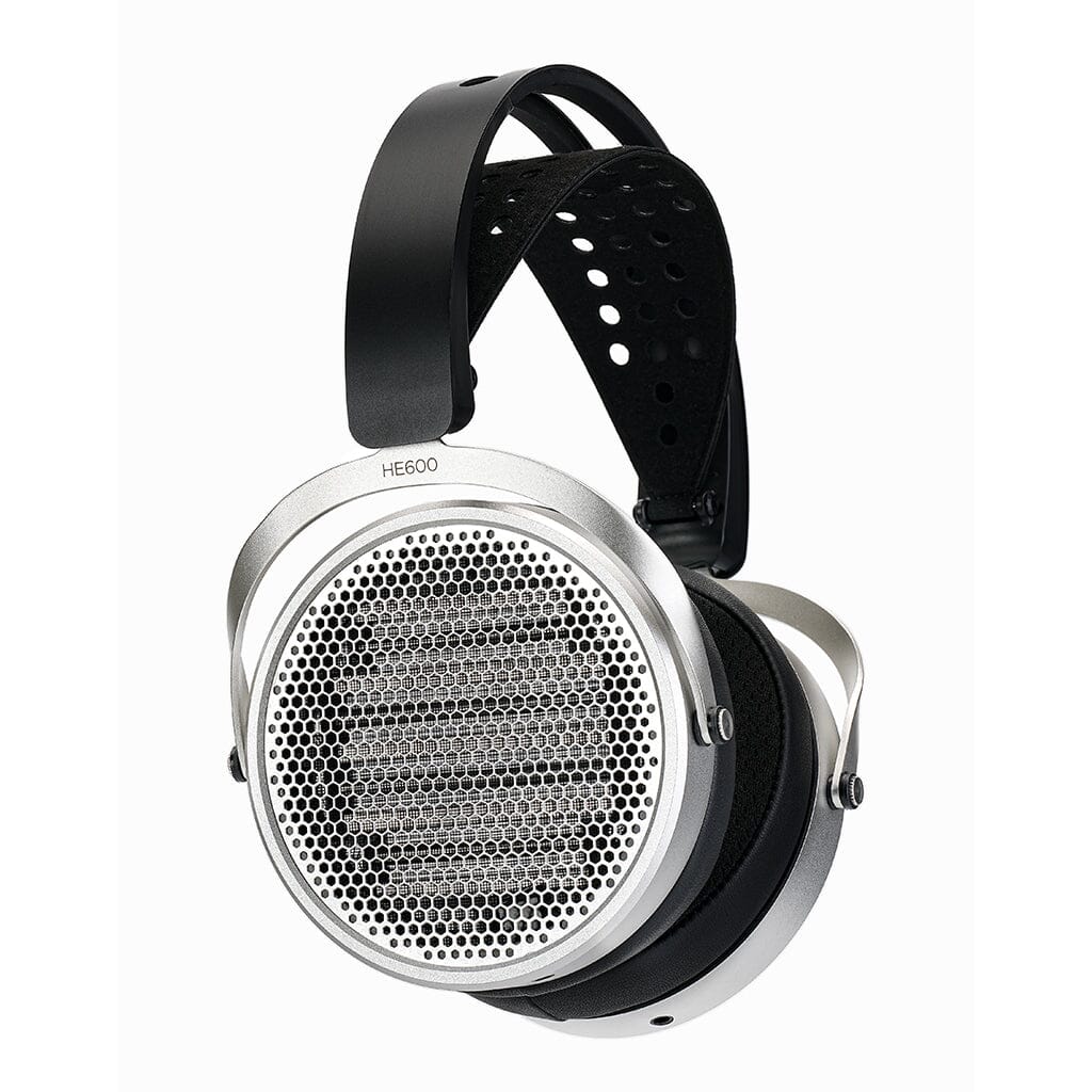 The Hifiman HE600 Headphones by Hifiman feature large silver ear cups with perforated grilles and a black padded headband labeled with the model name, designed to pair well with headphone amplifiers.