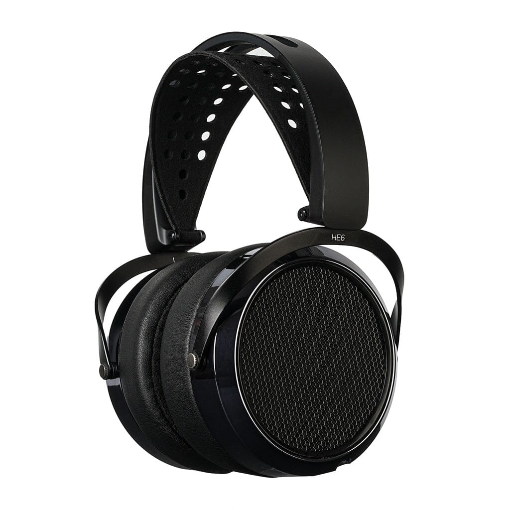 The Hifiman HE6 Remastered Headphones feature a black open-back design, large circular ear cups with mesh, thick cushioning, and an adjustable headband with perforated padding for premium sound and lasting comfort.