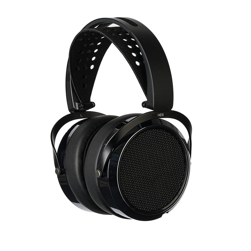 The Hifiman HE6 Remastered Headphones by Hifiman feature a black open-back design, wide perforated headband, large circular ear cups with mesh grills, and are shown against a white background.