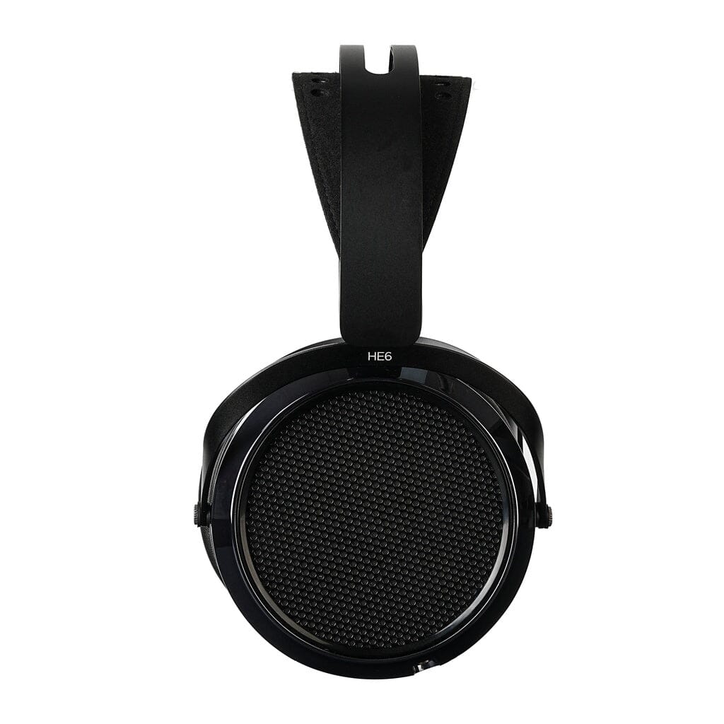 The Hifiman HE6 Remastered Headphones by Hifiman are black, open-back headphones with large circular mesh earcups and a wide headband, designed for audiophiles seeking premium planar magnetic sound.