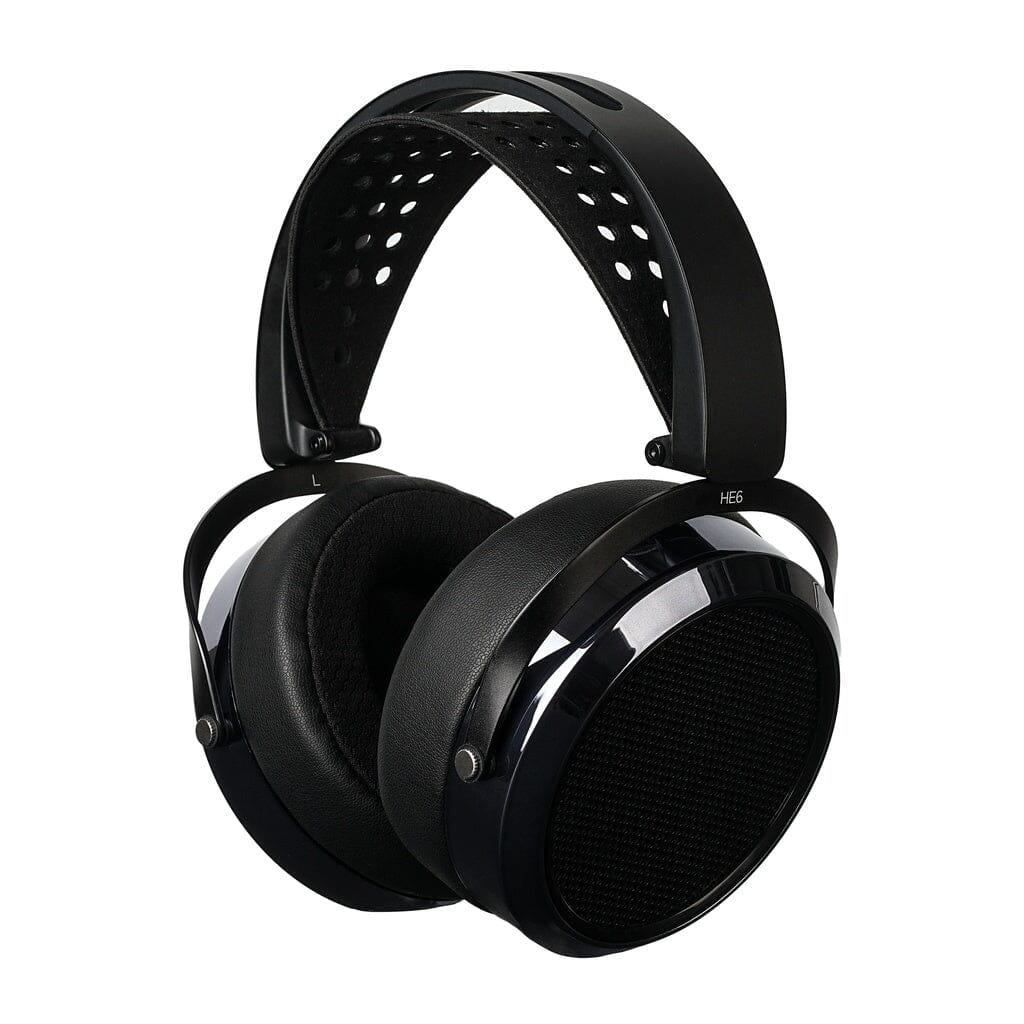 The Hifiman HE6 Remastered Headphones by Hifiman are black open-back headphones featuring a padded headband and large cushioned ear cups for comfort and immersive listening, displayed on a plain white background.