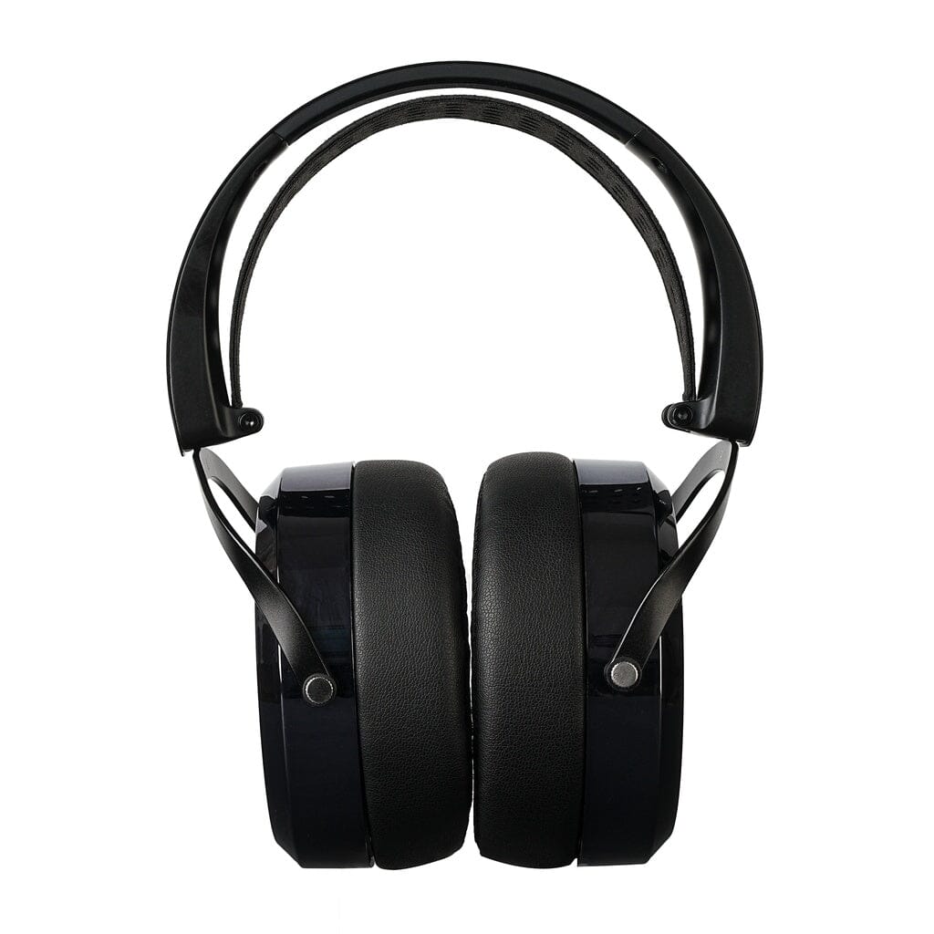 The Hifiman HE6 Remastered Headphones are black over-ear planar magnetic headphones with a padded headband and large cushioned ear cups, shown front-facing against a white background.