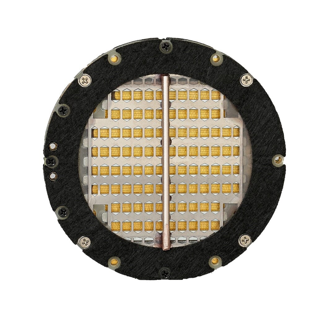Close-up of a circular electronic part from Hifiman HE6 Remastered Headphones by Hifiman, showing yellow rectangular elements in a grid, a black ring with six screws, and a thin metal rod vertically centered.