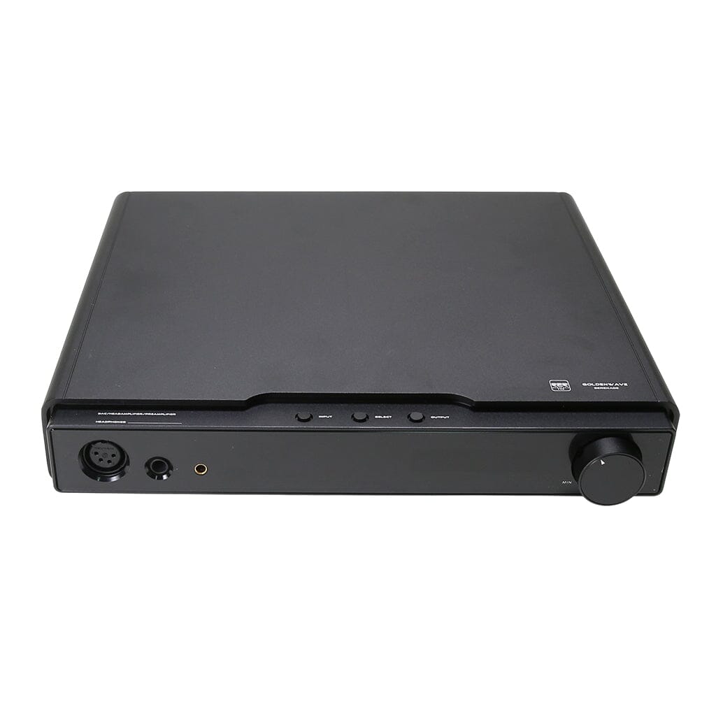 The Hifiman Goldenwave Serenade Wireless Desktop Amplifier and DAC features multiple control buttons, a large volume knob, front input/output ports, and wireless streaming support. Photographed on a white background.