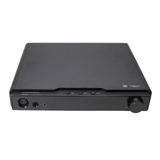 The Hifiman Goldenwave Serenade Wireless Desktop Amplifier and DAC features multiple control buttons, a large volume knob, front input/output ports, and wireless streaming support. Photographed on a white background.