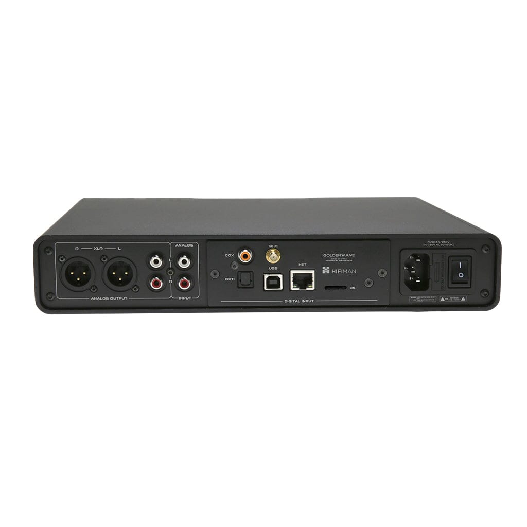 Rear view of the Hifiman Goldenwave Serenade Wireless Desktop Amplifier and DAC showing XLR, RCA, coaxial, optical, USB, and Ethernet ports for streaming, a class A headphone amplifier, and a power socket on the right.