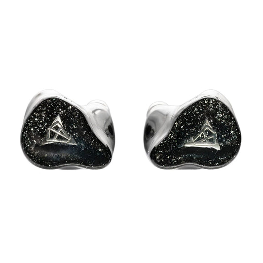 The Hisenior Mega7 In-Ear Headphones by Hisenior Audio are custom black 7-driver hybrids with silver sparkles and a white triangular logo, designed for balanced sound and studio use, shown on a plain white background.