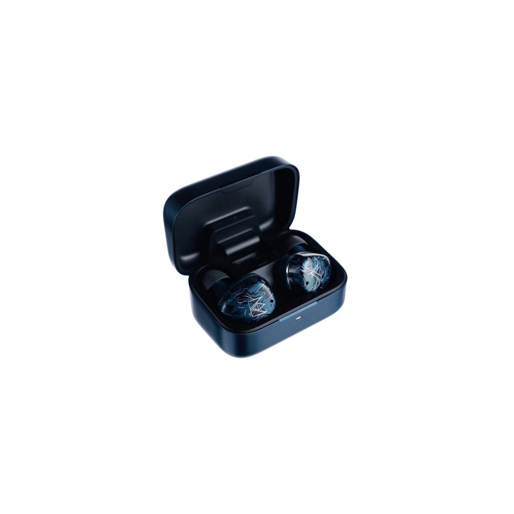 The Noble Audio Osprey Wireless In-Ear Headphones by Noble Audio are shown in an open black charging case, highlighting their intricate earbud designs and hybrid driver technology against a plain white background.