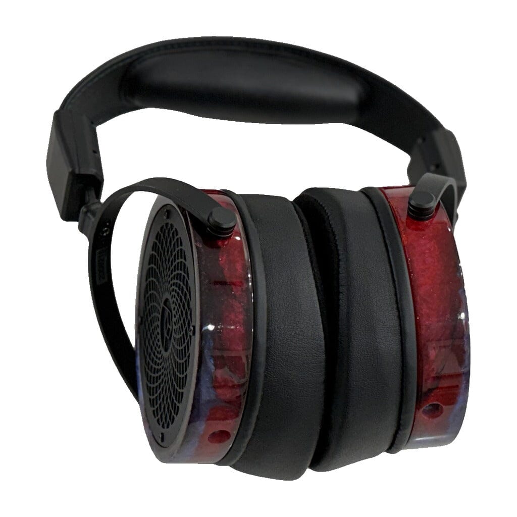 Experience exceptional sound quality with the Rosson Audio Design RAD-0 Headphones (Open Box C Condition - Clearance - 215) by Rosson Audio Design. These planar magnetic headphones feature over-ear black padded ear cups and a matching headband, highlighted by glossy red and purple marbled accents on the sides and black mesh speaker covers.
