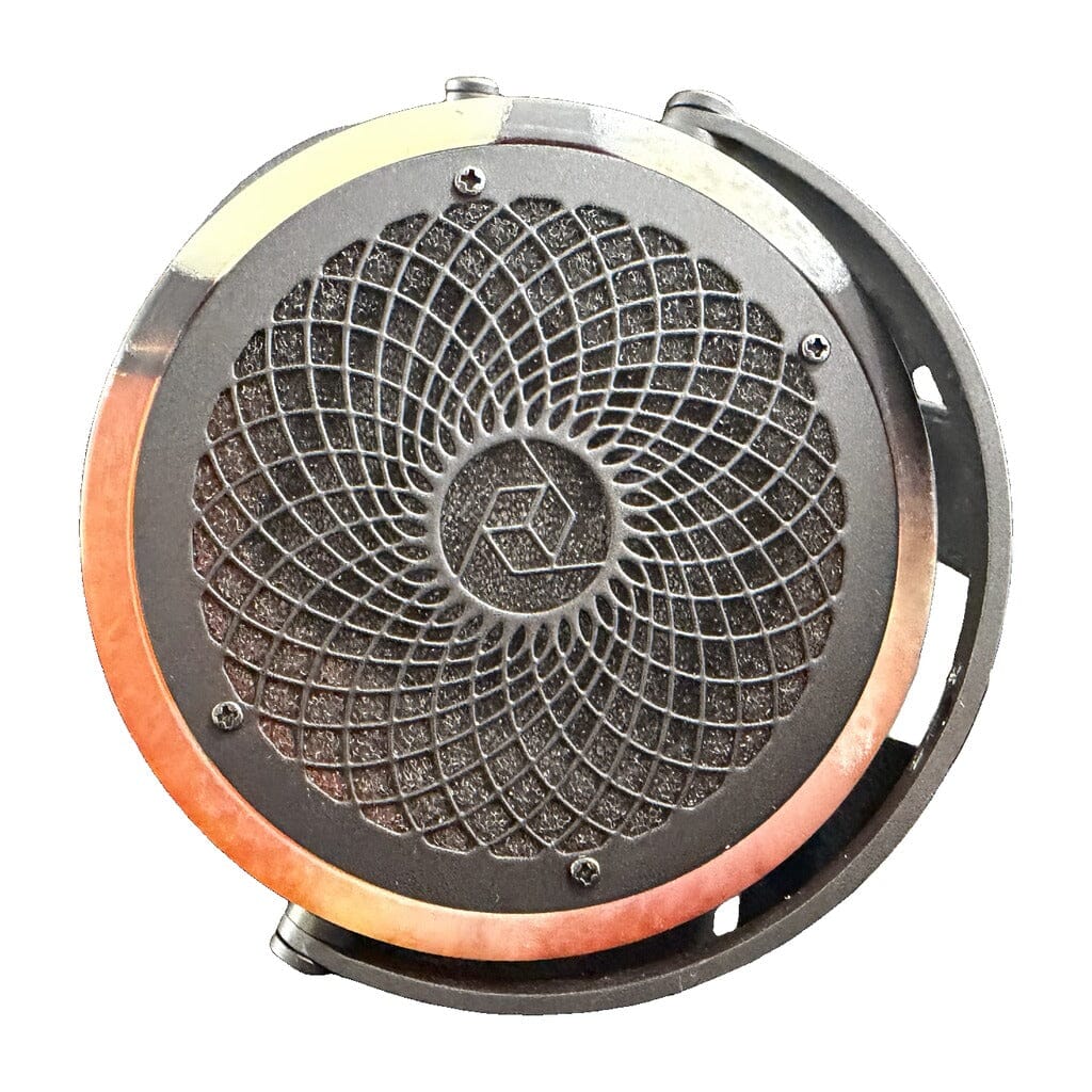 A round, metallic object featuring the striking design of the Rosson Audio Design RAD-0 Headphones (Open Box C Condition - Clearance - 74) by Rosson Audio Design is shown from above, with a geometric spiral grill pattern and a hexagonal logo at the center. The outer edge displays a copper tint and visible screws, set against a white background.