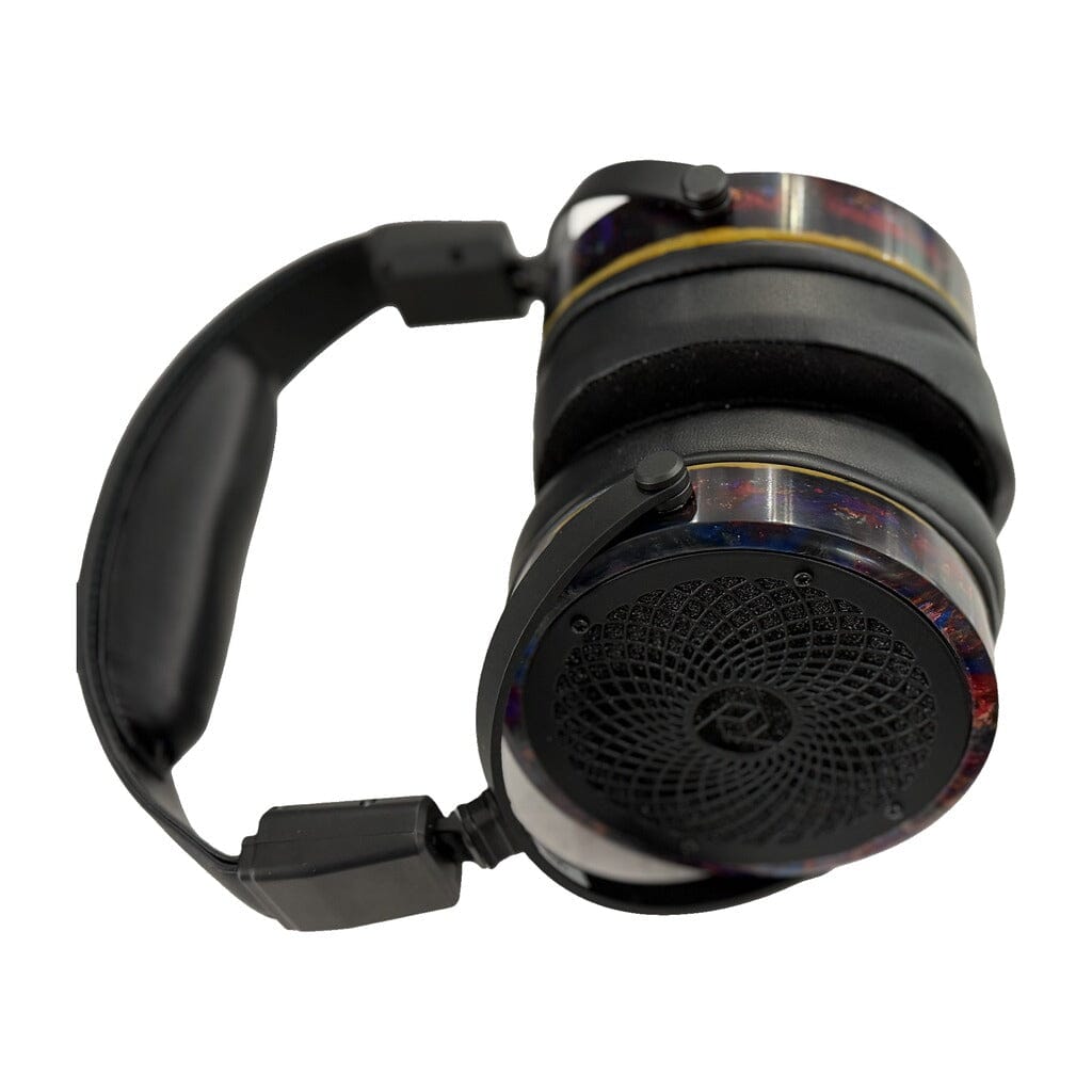 Glossy black over-ear headphones with cushioned ear pads, a padded headband, circular patterned speaker covers, and multicolored accents around the ear cups—these planar magnetic headphones are the Rosson Audio Design RAD-0 Headphones by Rosson Audio Design, offered here in open box condition as part of a clearance sale.