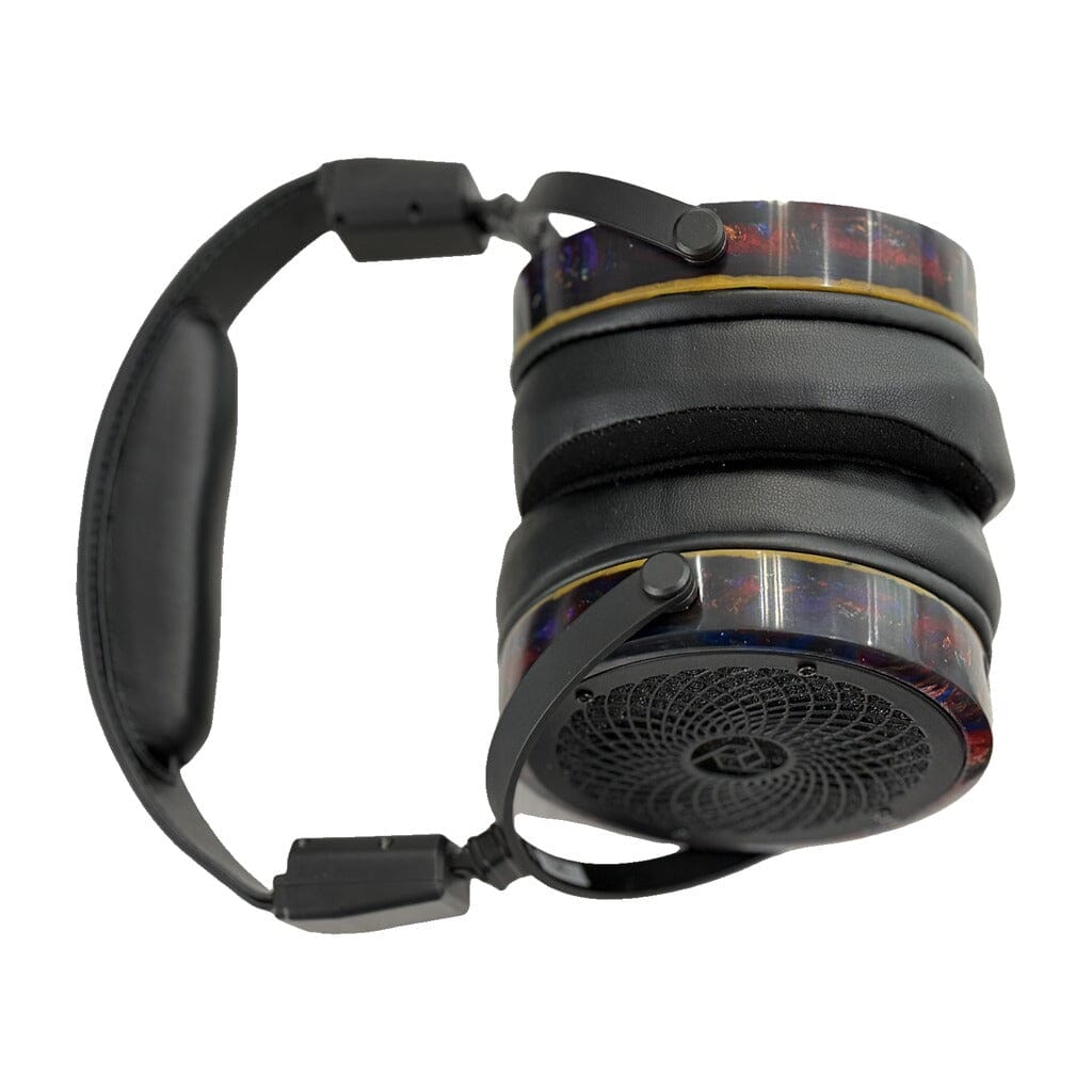Open box Rosson Audio Design RAD-0 Headphones - Clearance - 52, featuring black padding and artistic marbled patterns on the ear cup sides, shown from above against a white background.