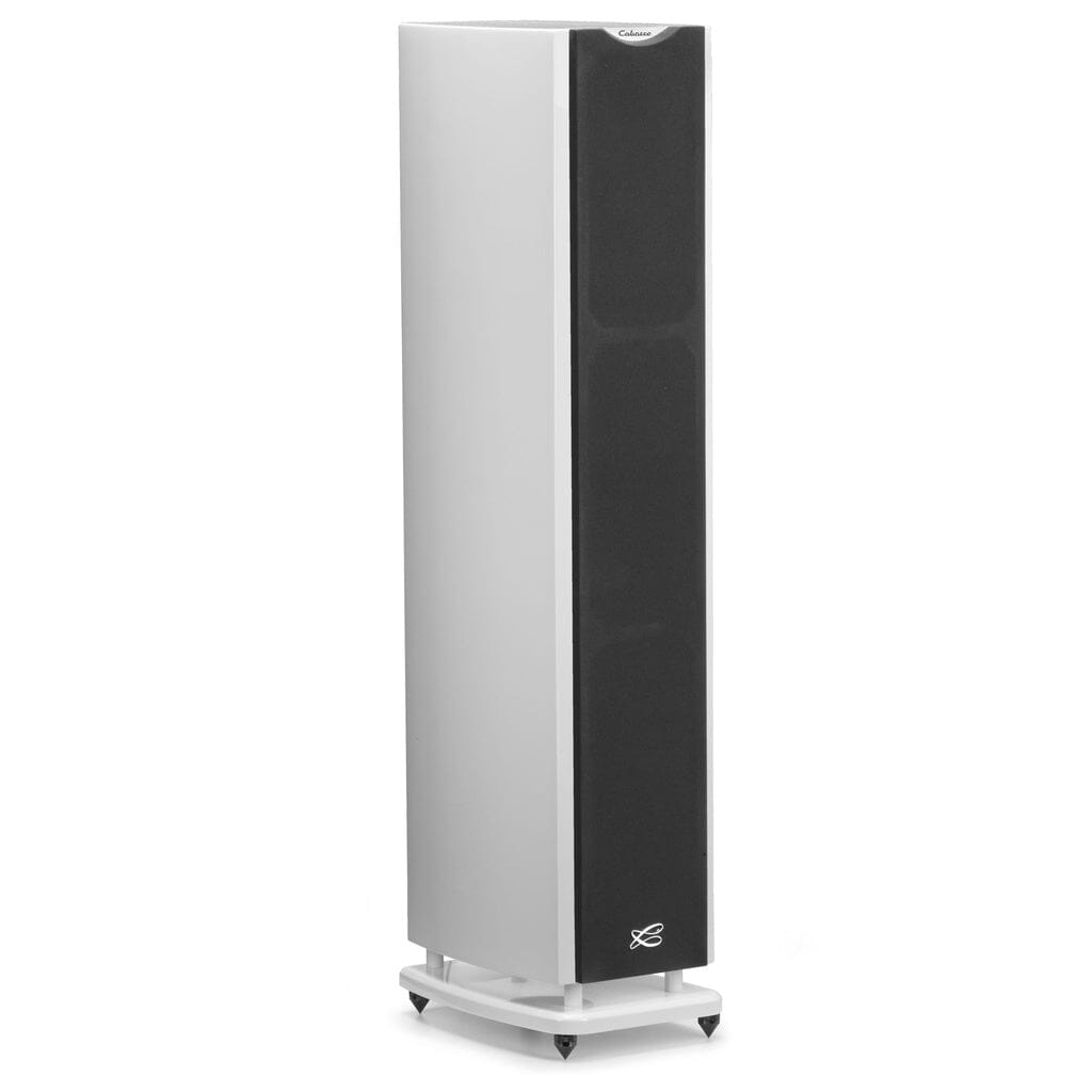 The Cabasse JAVA MC40 Floorstanding Speaker features a sleek white body, black grille, and four pointed feet for stability. It delivers high-fidelity stereo sound using advanced coaxial technology from renowned brand Cabasse.