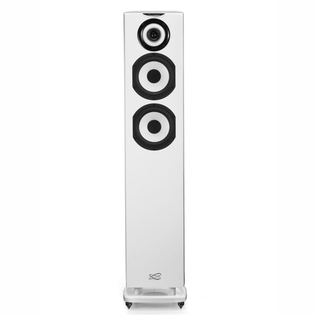 The Cabasse JAVA MC40 Floorstanding Speaker features a tall white design with three vertically aligned black circular drivers on the front and a pedestal base, delivering superb high-fidelity sound.
