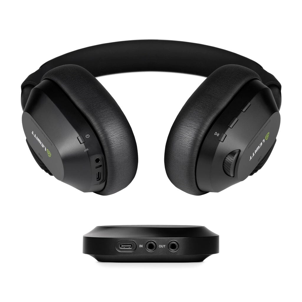 Lewitt LW6 Wireless Headphones - underside showing controls, 3.5 mm and USB-C ports, with the LW TX transmitter