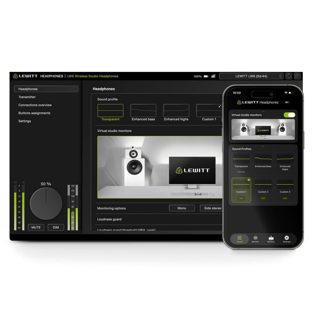 Lewitt LW6 Wireless Headphones - HEADPHONES desktop software and mobile app with sound profiles and Virtual Studio Monitors