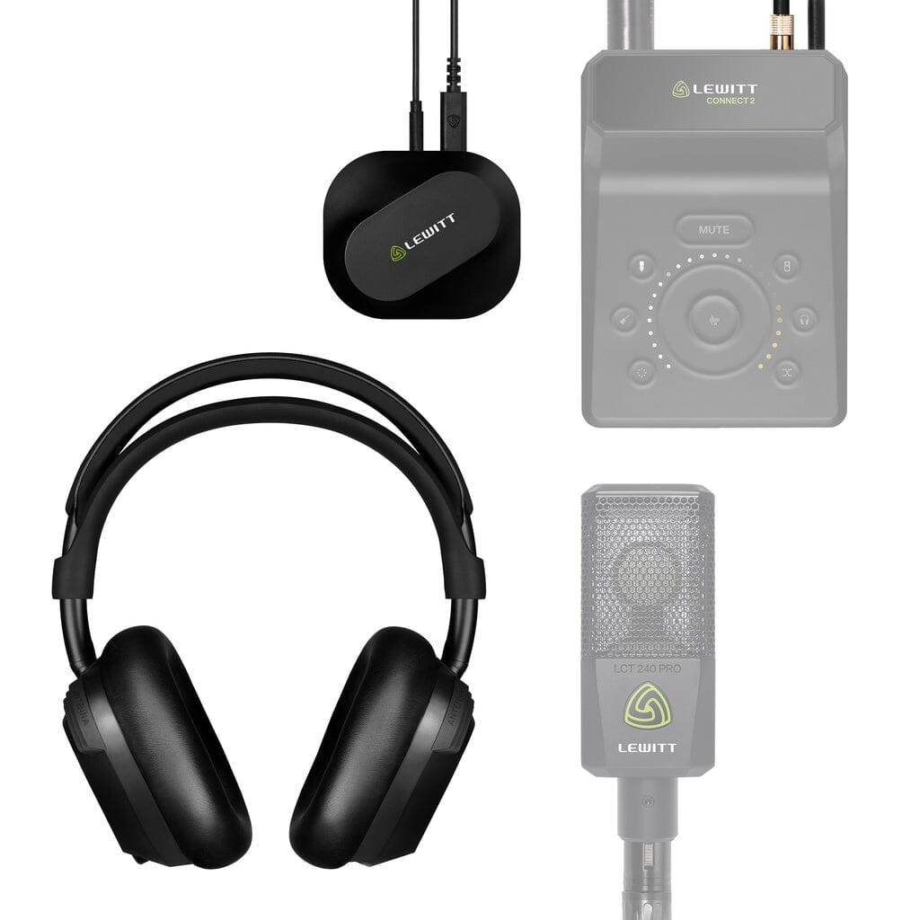 Lewitt LW6 Wireless Headphones - with the RealSound transmitter, a Lewitt audio interface and studio microphone