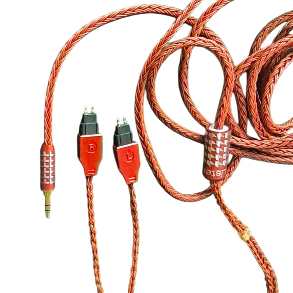 The Listenmore Etched Headphone Cable for Sennheiser HD 600 Series is a brown coiled braided upgrade cable with 3.5mm and two-pin L/R connectors—perfect as a replacement for your HD 600 headphones or earphones.