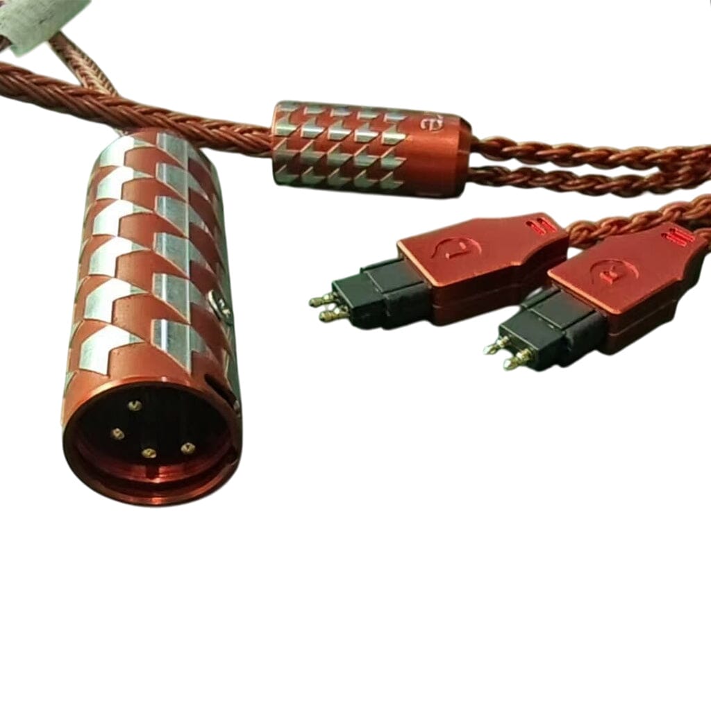 Close-up of the Listenmore Etched Headphone Cable for Sennheiser HD 600 Series, featuring a braided copper design with silver and red connectors and a large four-pin circular connector, shown on a white background.