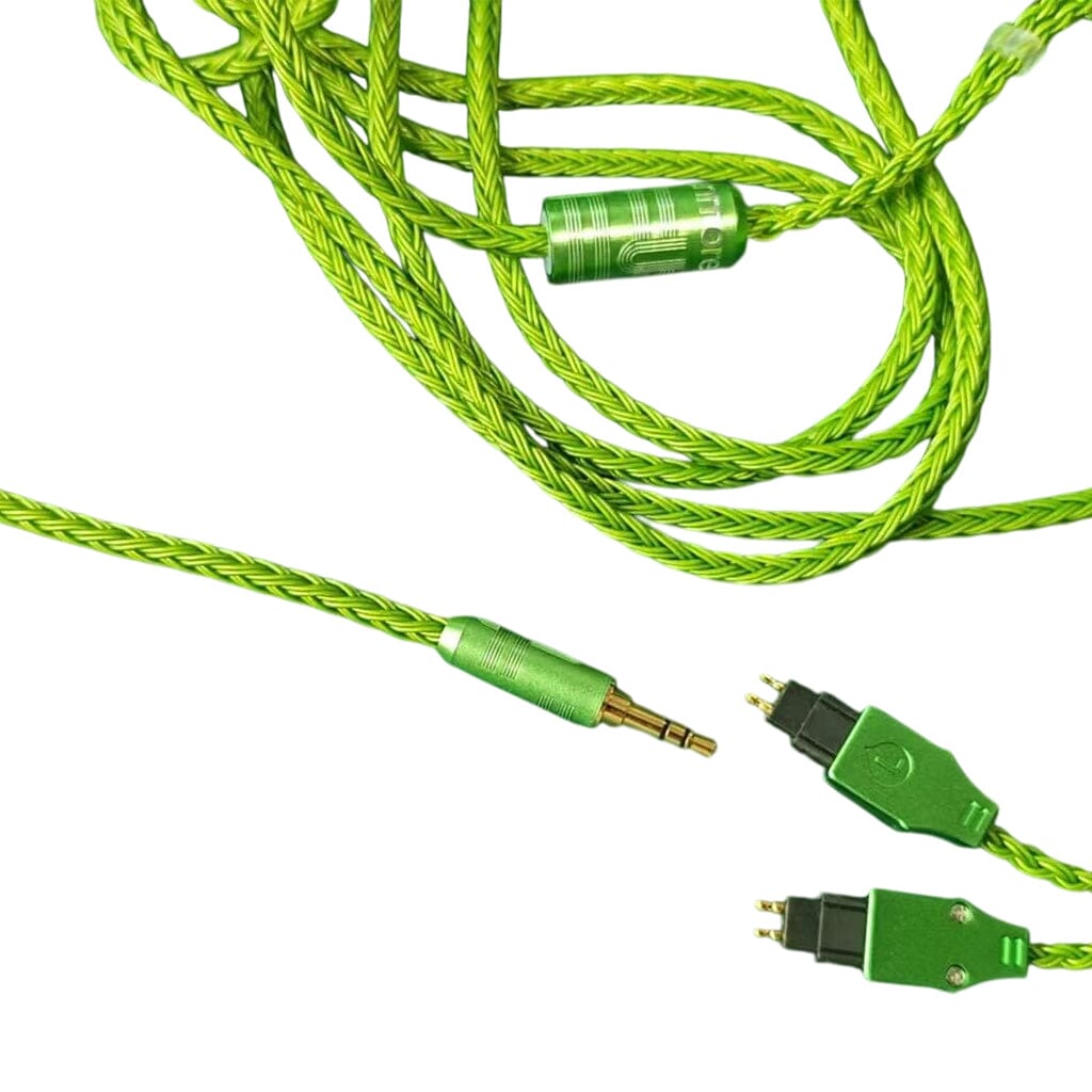 The Listenmore Etched Headphone Cable for Sennheiser HD 600 Series features a bright green, stylishly braided design, 3.5mm jack, metallic accents, and durable dual-pin connectors. Shown against a white background.
