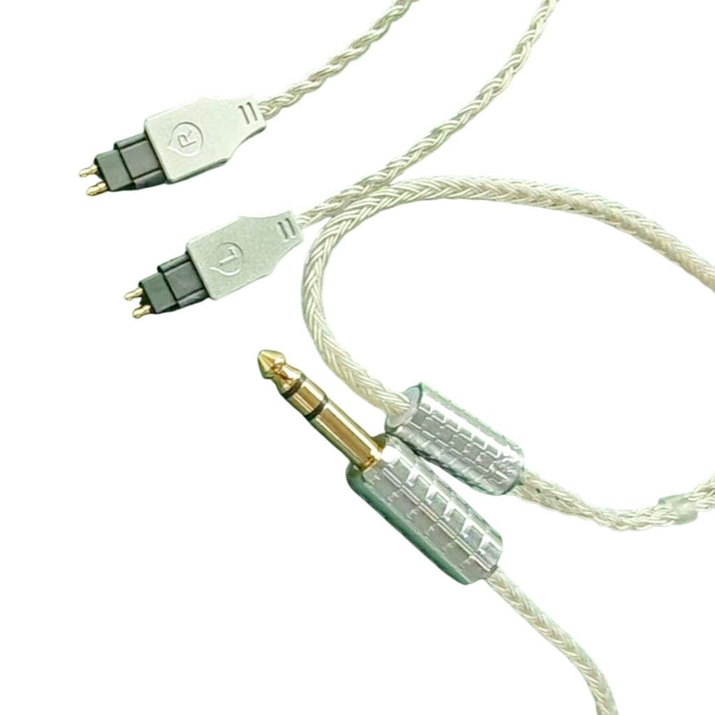 The Listenmore Etched Headphone Cable for Sennheiser HD 600 Series is a silver braided audio cable with a gold-plated 6.35mm jack and dual L/R pin connectors, shown isolated on a white background.