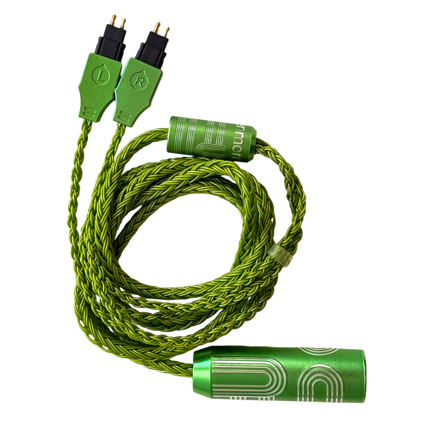 The Listenmore Etched Headphone Cable for Sennheiser HD 600 Series is a coiled green braided cable with dual-pin black-and-green connectors on one end and a cylindrical green metal housing with white markings on the other.