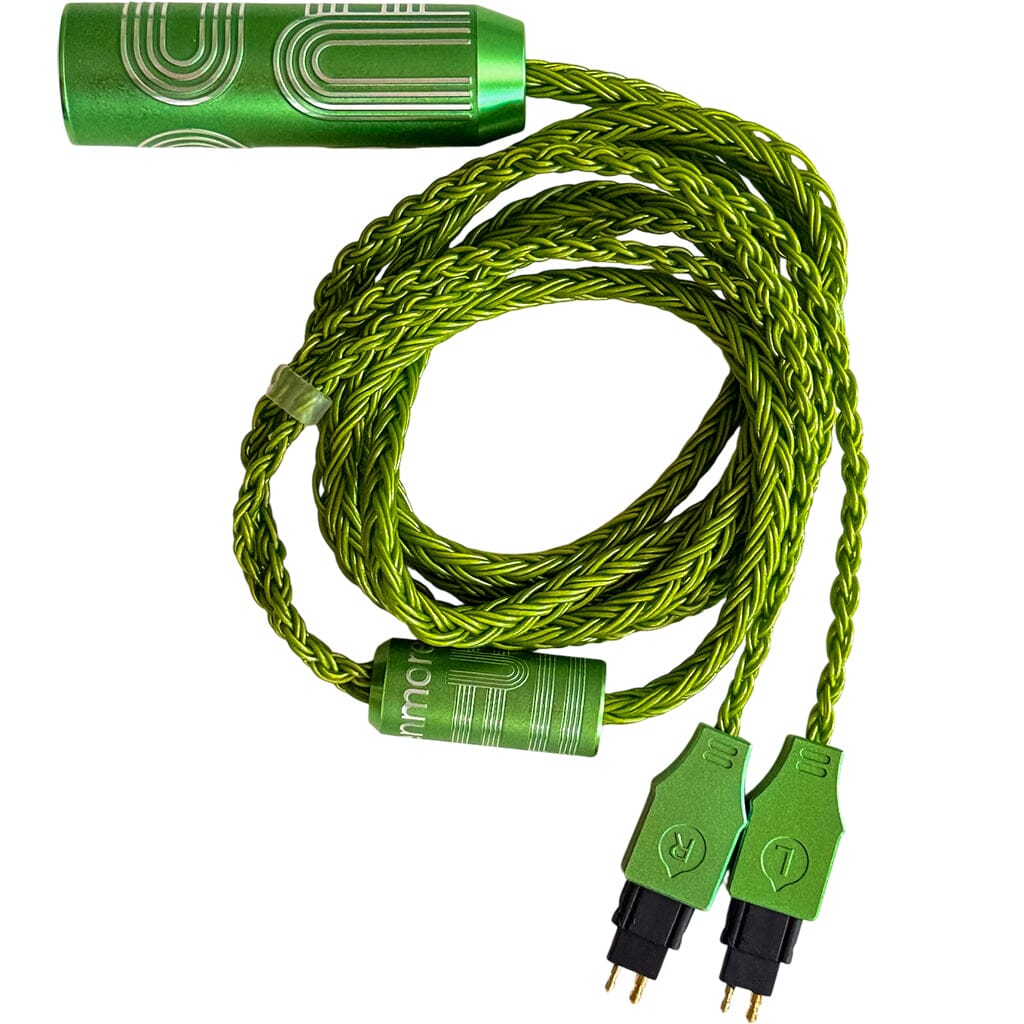 The Listenmore Etched Headphone Cable for Sennheiser HD 600 Series features bright green braiding, dual-pin L/R connectors, and two cylindrical green plugs with white geometric patterns—perfect for your HD 600 headphones.