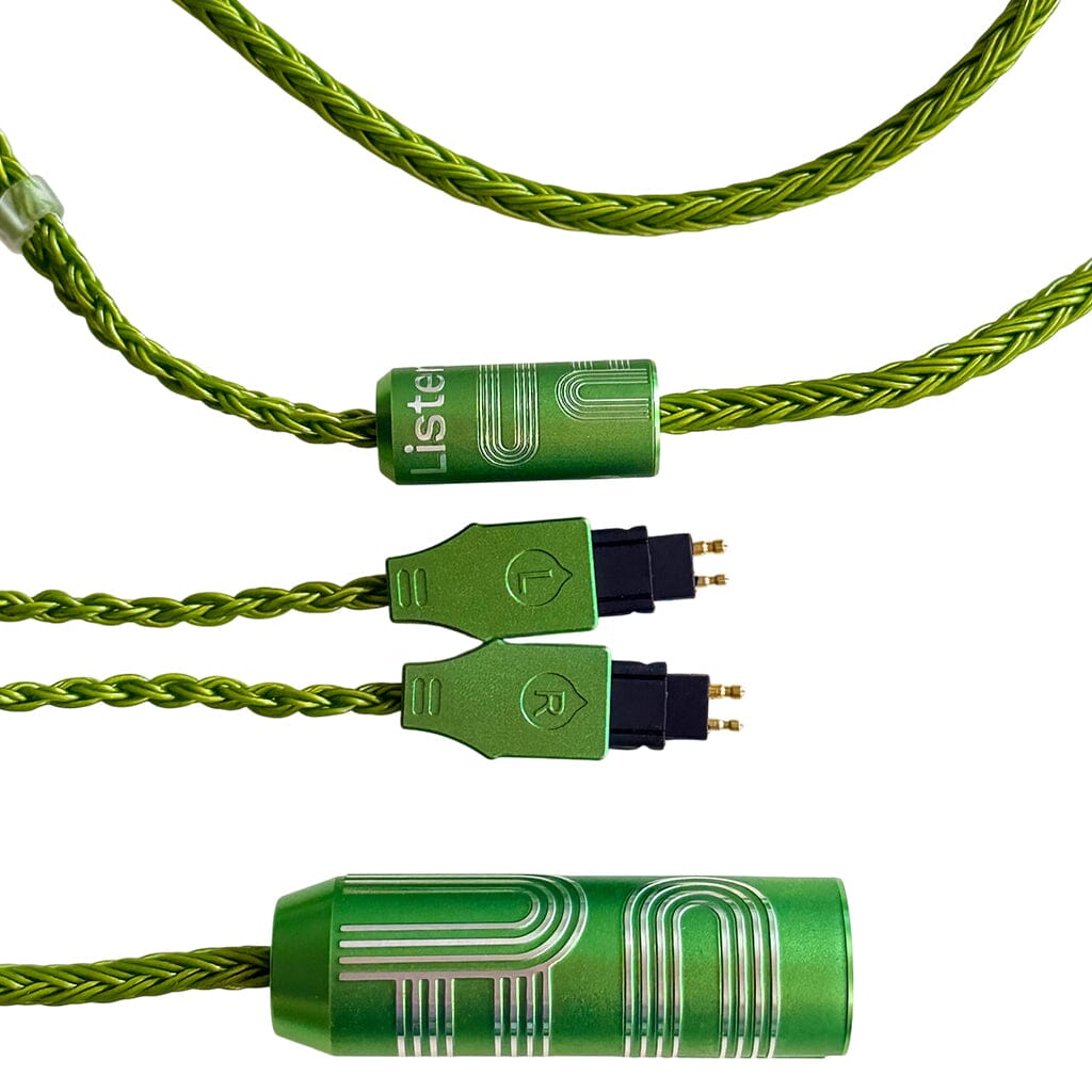 The Listenmore Etched Headphone Cable for Sennheiser HD 600 Series features braided green audio cables with metallic green dual-pin connectors labeled L and R, shown on a white background.