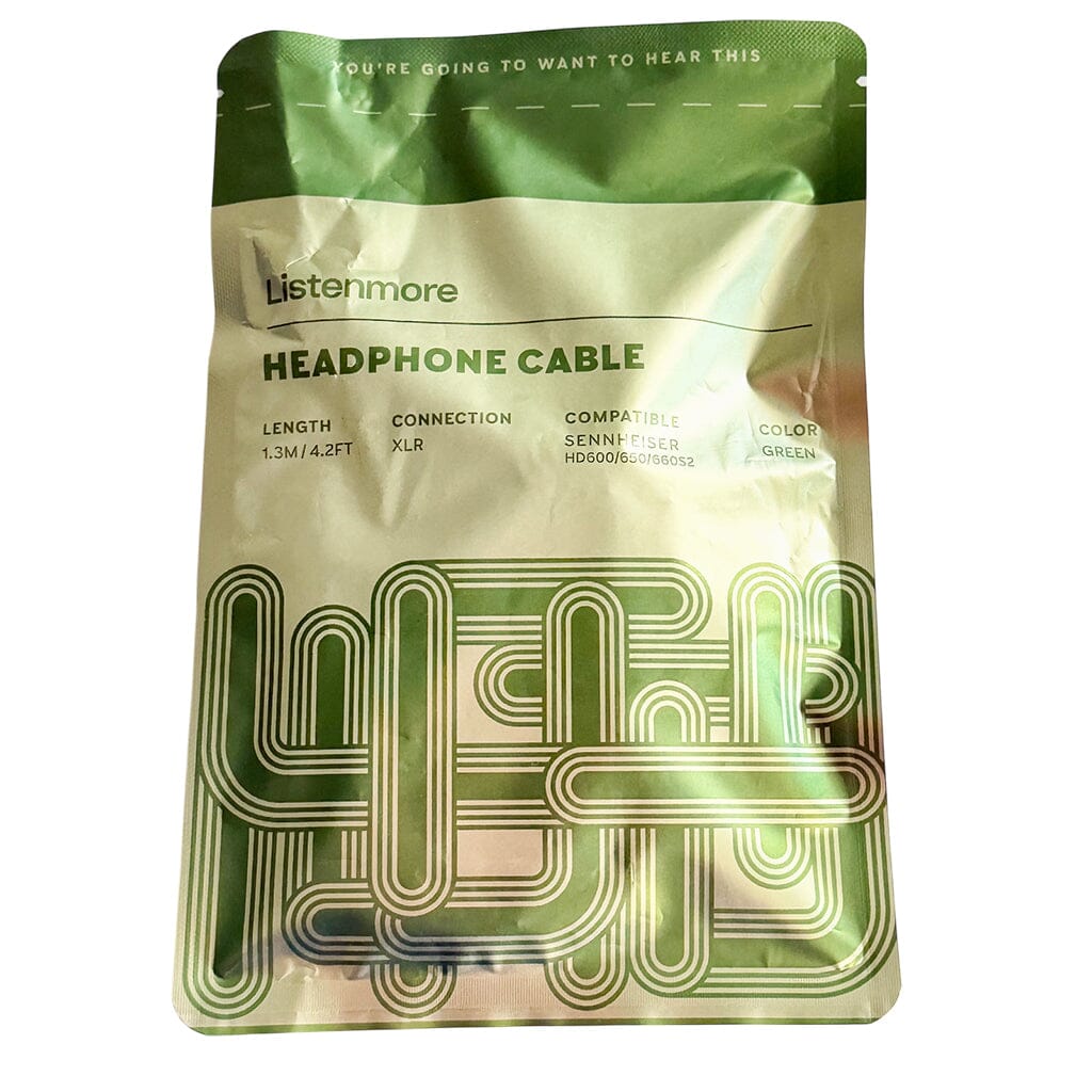 A green and silver Listenmore Etched Headphone Cable for Sennheiser HD 600 Series, 1.3m/4.27ft long with dual-pin connectors and XLR connection, compatible with HD 600/650/580/52.
