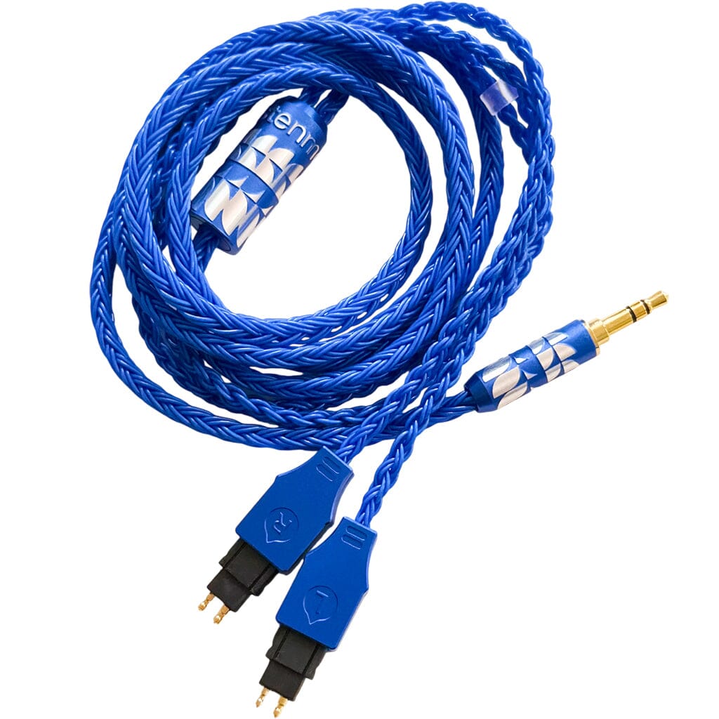 The Listenmore Etched Headphone Cable for Sennheiser HD 600 Series features a braided blue design, blue-housed dual-pin connectors, and a 3.5mm gold-plated plug for compatibility with various audio equipment.