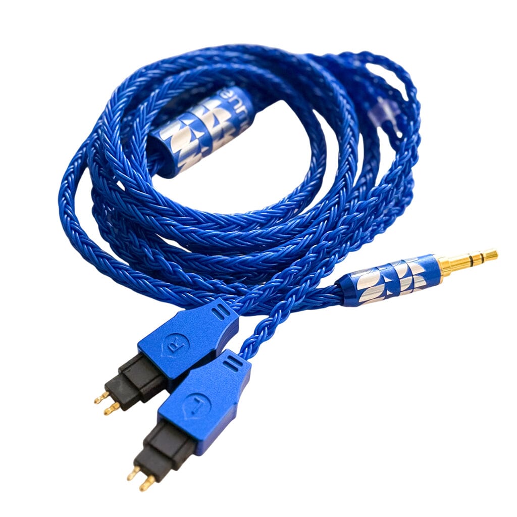 The Listenmore Etched Headphone Cable for Sennheiser HD 600 Series features a coiled blue braided design, gold-plated 3.5mm jack, dual-pin connectors, and stylish silver and blue metallic accents.