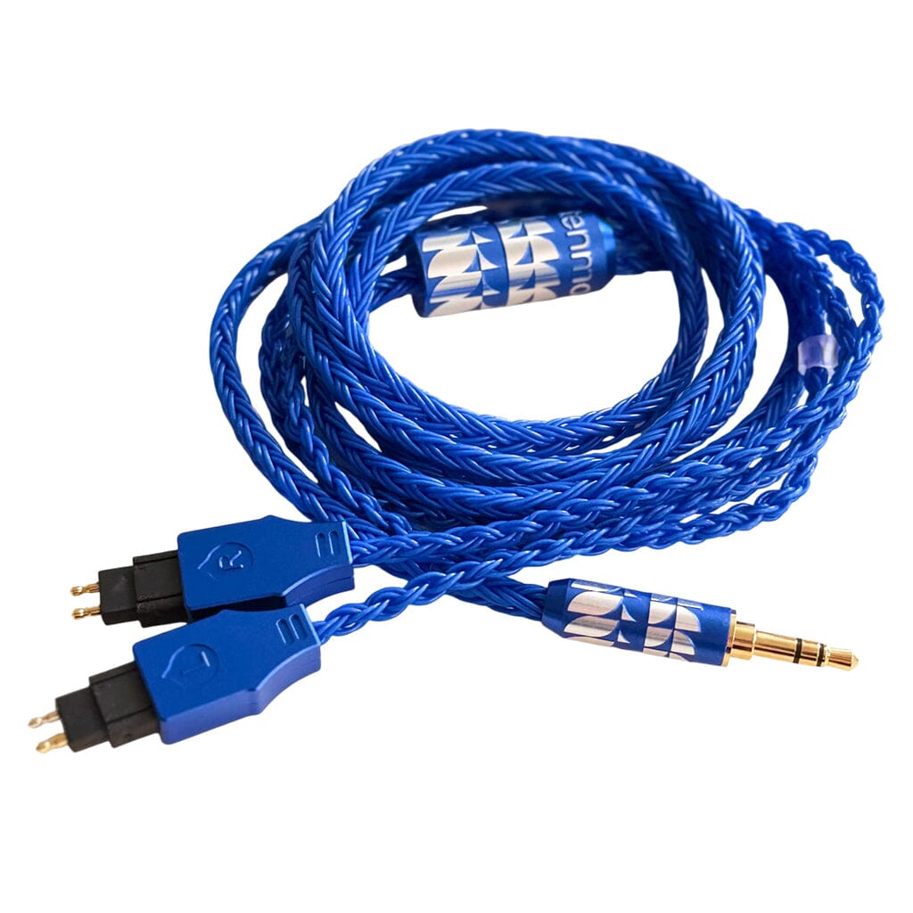 The Listenmore Etched Headphone Cable for Sennheiser HD 600 Series features a blue braided design, dual-pin connectors, a 3.5mm gold-plated jack, silver branding accents, and comes neatly coiled.
