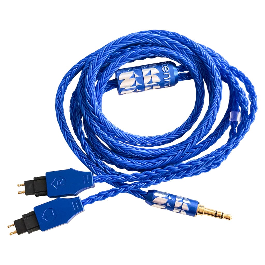 The Listenmore Etched Headphone Cable for Sennheiser HD 600 Series is a coiled blue braided cable with dual-pin connectors and a 3.5mm gold-plated plug, designed for compatible headphones.