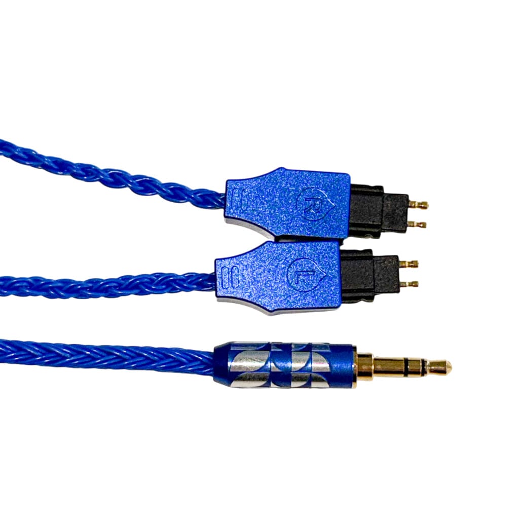 The Listenmore Etched Headphone Cable for Sennheiser HD 600 Series is a blue braided cable featuring dual-pin connectors and a 3.5mm gold-plated plug, shown on a white background.