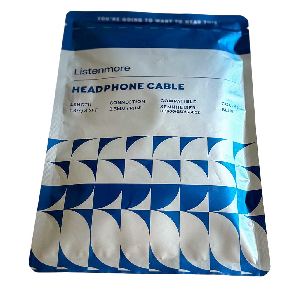The blue and white Listenmore Etched Headphone Cable for Sennheiser HD 600 Series features a 1.3M/4.2FT length, dual-pin connectors, 3.5MM jack, and geometric patterns on the lower half of the package.