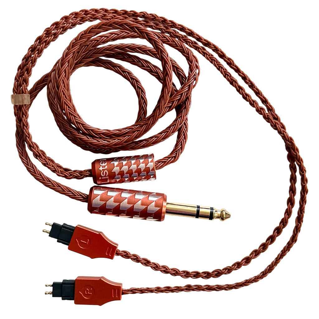 The Listenmore Etched Headphone Cable for Sennheiser HD 600 Series features braided copper, a large gold-plated 1/4-inch plug, and dual-pin connectors, arranged in a loose coil.