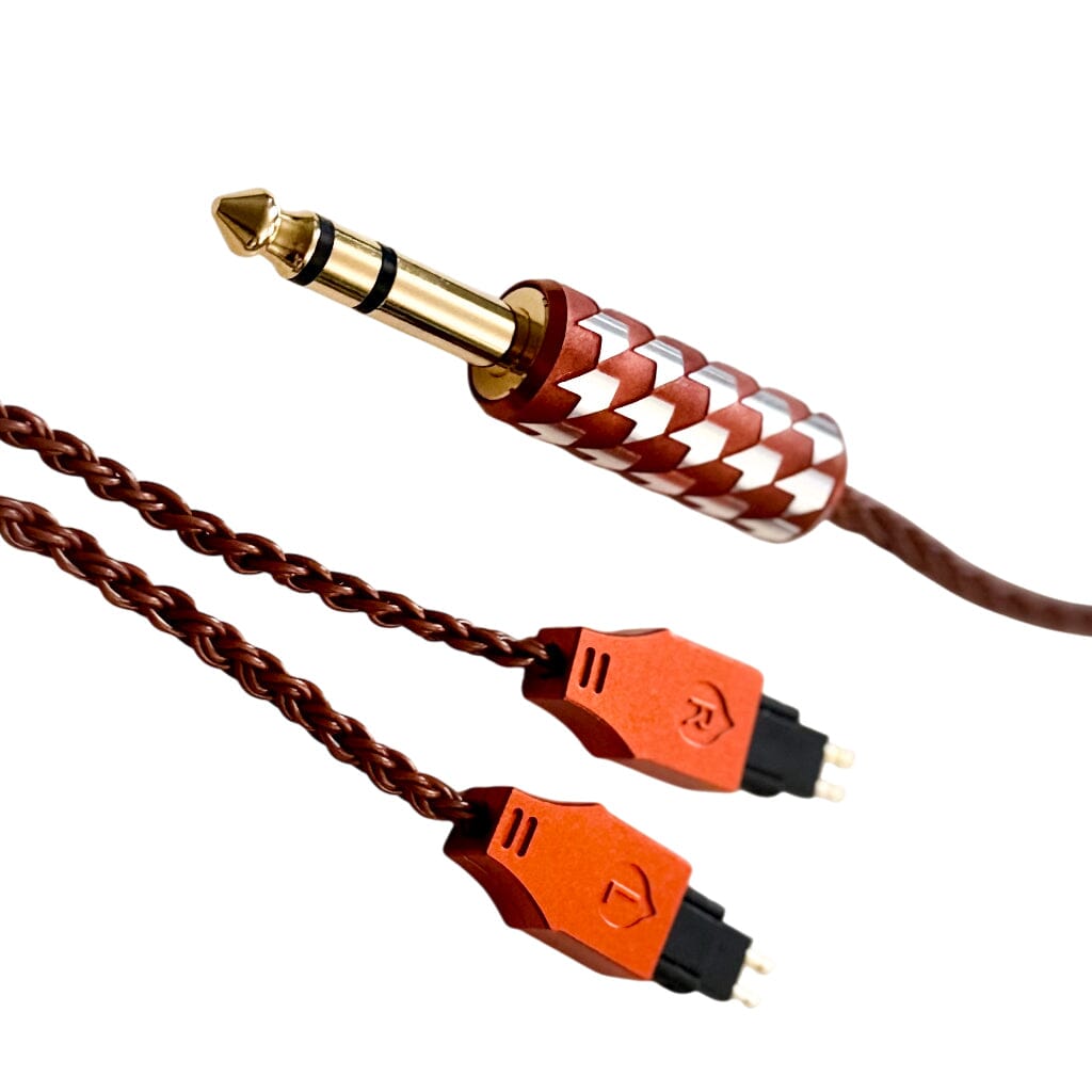 The Listenmore Etched Headphone Cable for Sennheiser HD 600 Series features a braided brown design, dual-pin red and black connectors, and a gold 1/4-inch plug, shown isolated on a white background.