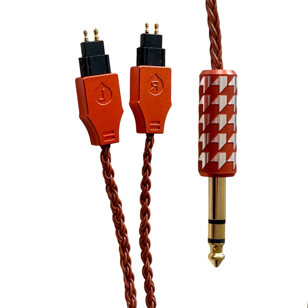Listenmore Etched Headphone Cable for Sennheiser HD 600 Series features a braided red and silver sleeve, labeled L/R red connectors, dual-pin plugs, and a gold 1/4-inch (6.35mm) jack, shown on a white background.